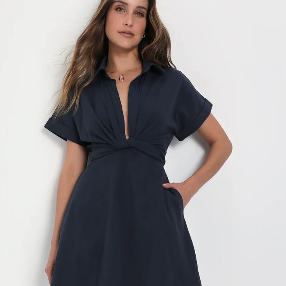 Lulus Breeze By Navy Blue Tie-Back Mini Dress with Pockets